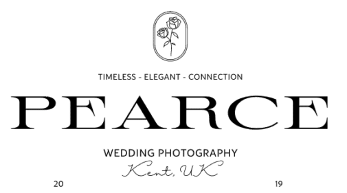 Logo for Pearce Wedding Photography. It features an emblem with a single rose in an oval at the top, followed by the words "Timeless - Elegant - Connection." Below, "Pearce" is written in large, elegant letters. Underneath, it says "Wedding Photography," followed by "Kendra UK. Image by Pearce Wedding Photography.