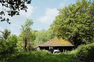 A rustic wooden cabin with a moss-covered roof is surrounded by dense greenery and tall trees under a partly cloudy sky, making it a perfect hidden gem for an intimate wedding in Kent.