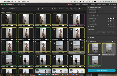 A computer screen displaying photo management software with multiple thumbnails of a person in different poses. Various options for filtering, rating, and exporting images are visible on the interface.