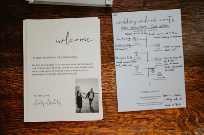 Two wedding event schedules are displayed on a wooden surface. The left one, for the elegant Kent wedding at Beacon House, is printed formally, while the right one is handwritten with charming illustrations and timings for different activities.