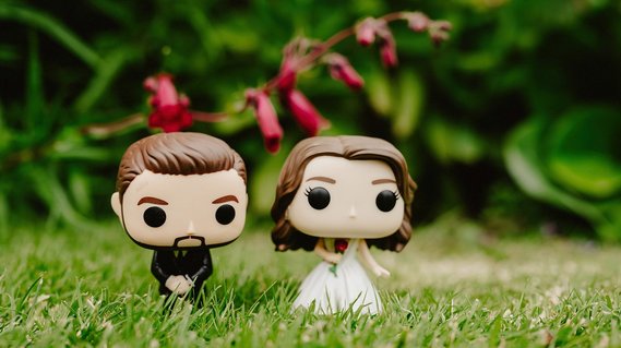 Two Funko Pop figurines dressed in wedding attire, a groom in a black suit and a bride in a white dress, are placed on grass with red flowers and green foliage in the background—a perfect scene for any wedding photographer.