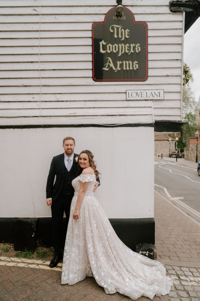 Bride and groom outside The Coopers Arms