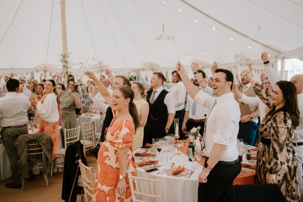 Guests celebrating at a festive wedding reception.