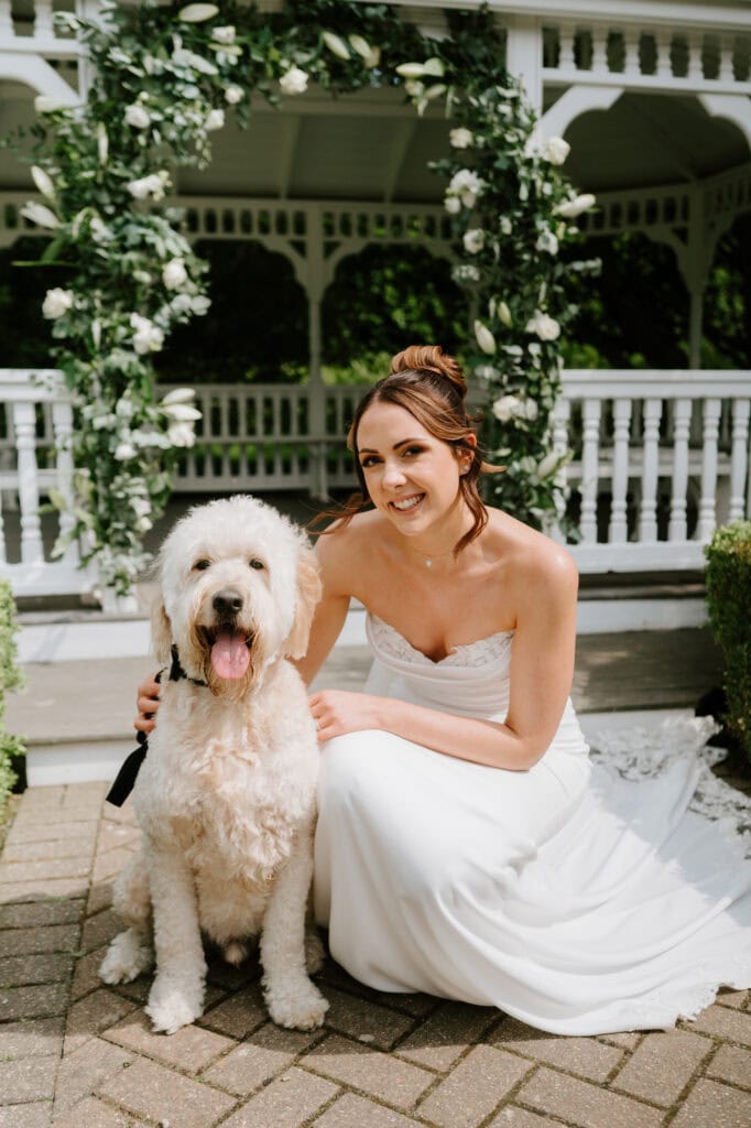 Bride with fluffy dog at wedding venue.
