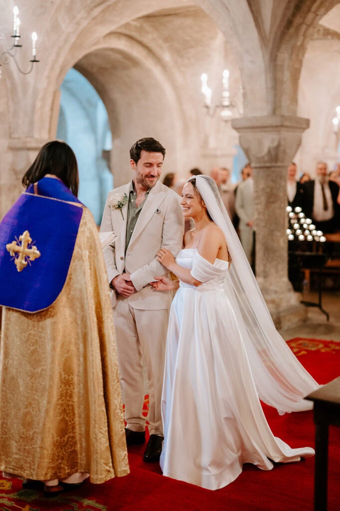 Bride and groom at wedding ceremony in church
