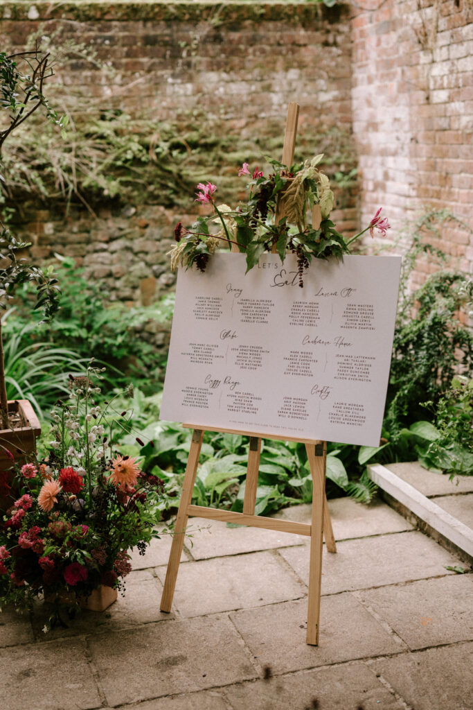 Wedding seating chart on easel with floral decorations.