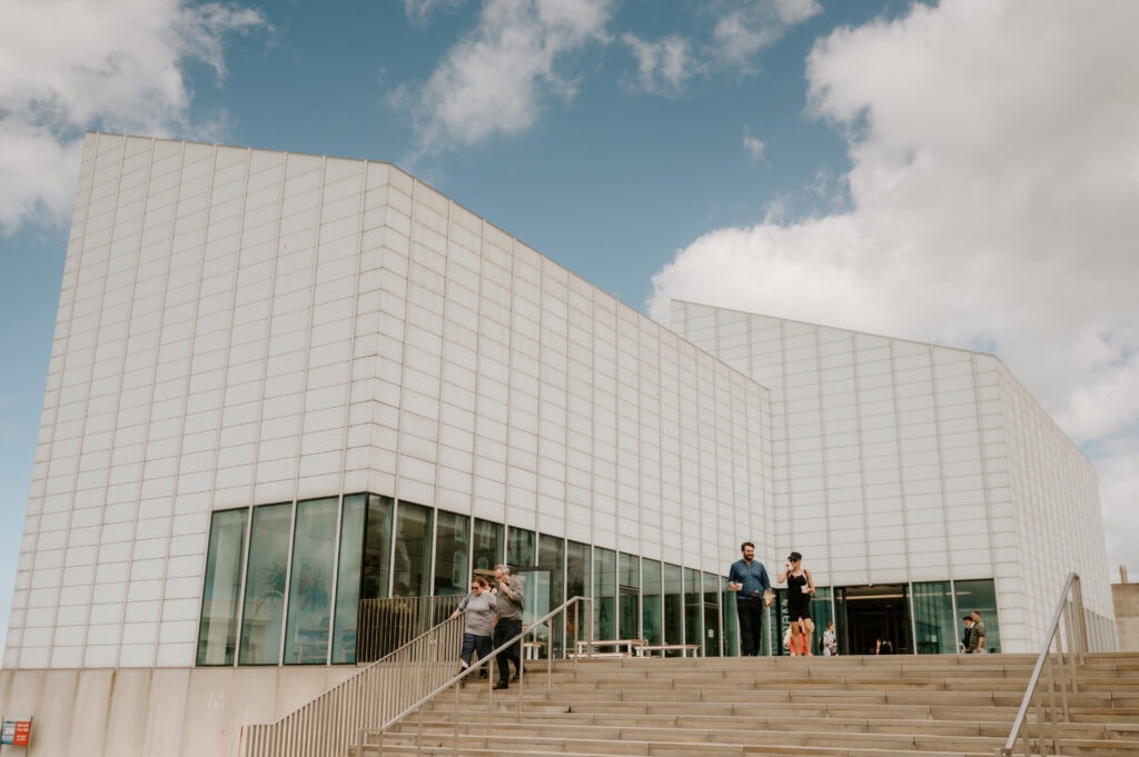 Modern cubic building with glass facade